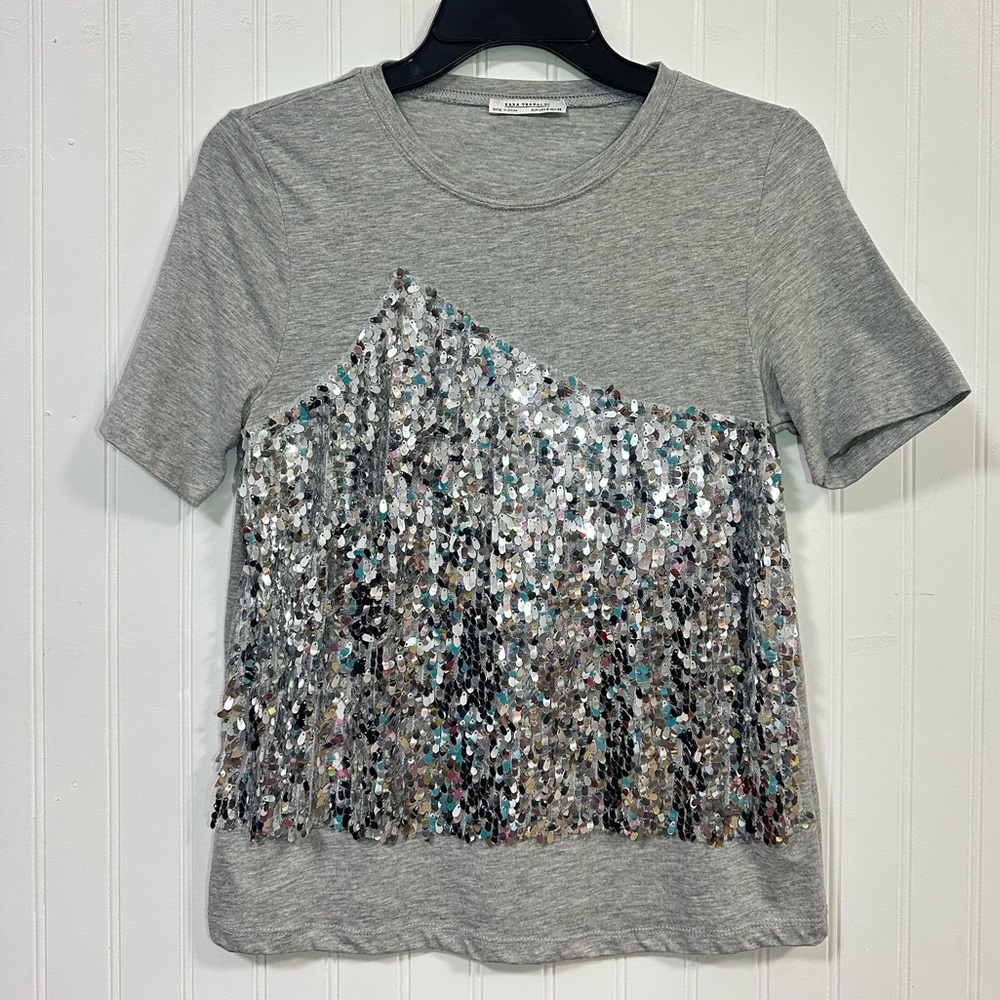 ZARA TRAFALUC Grey Tee with Asymmetric Silver Sequin Mesh Panel Glam Maximalist